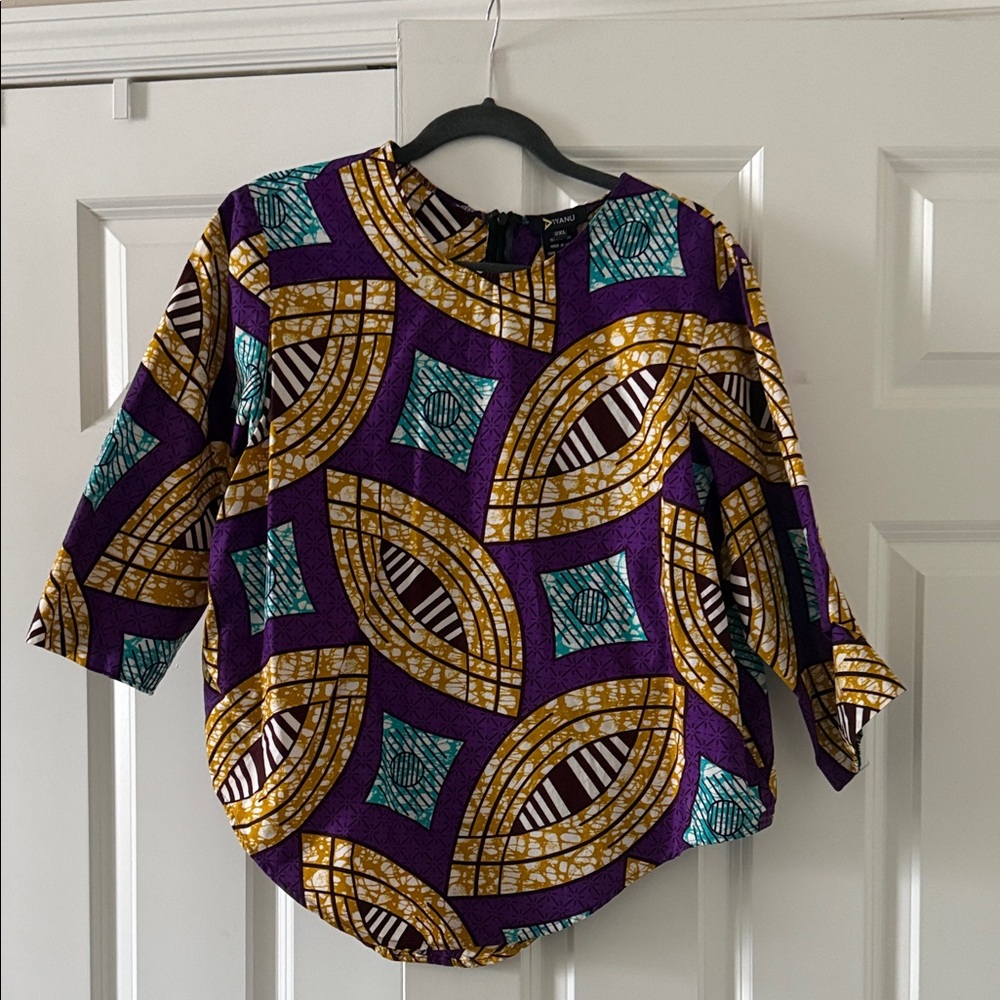 Sade African Print Round Hem Top (Purple/Gold/Blue) -
